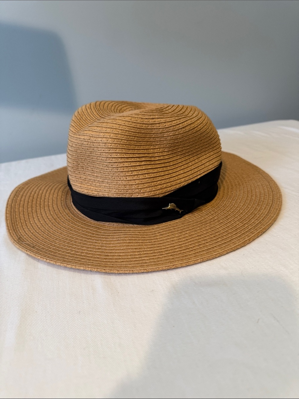 Tommy Bahama Tan Straw Hat with Black Band with silver marlin